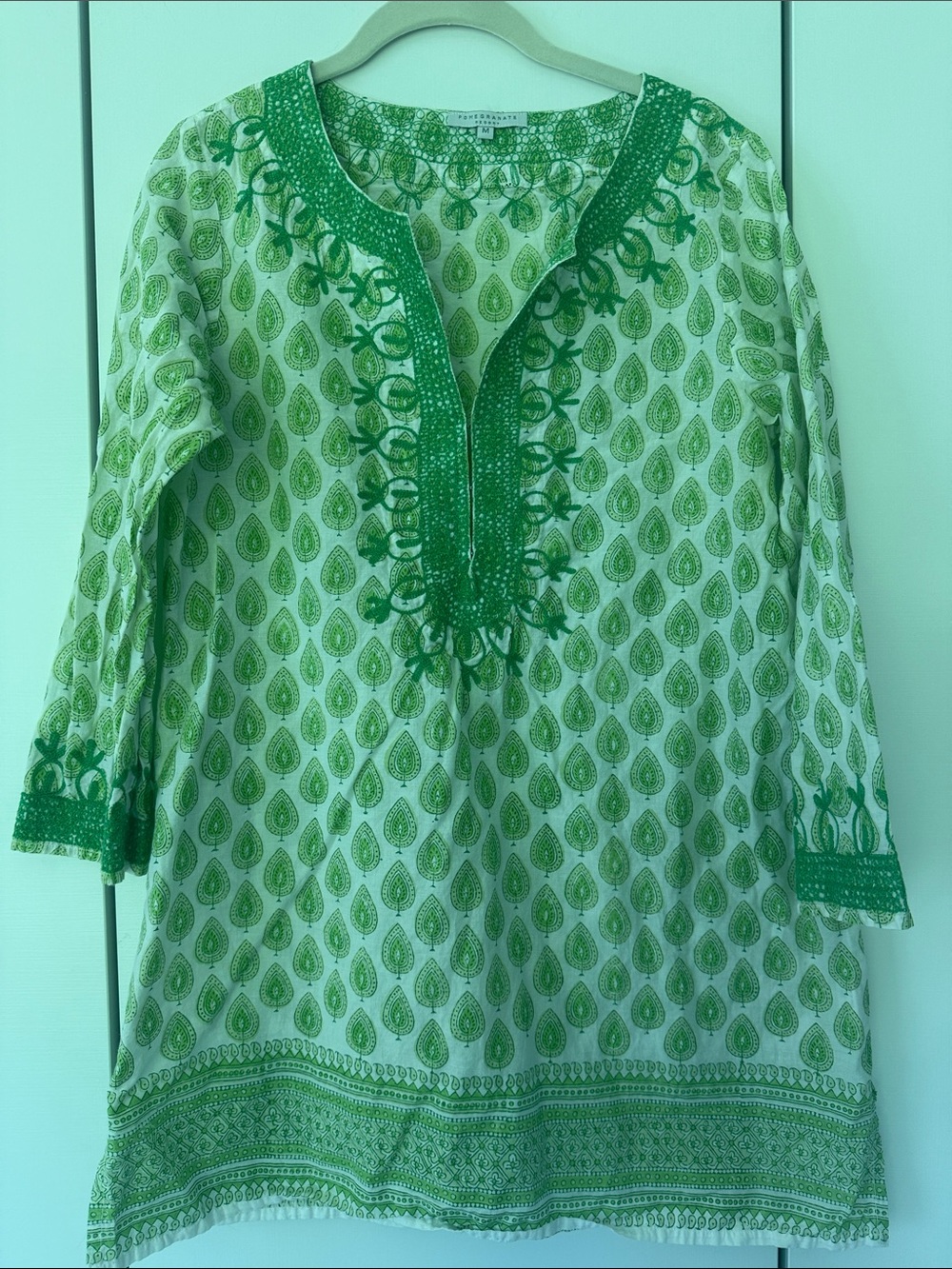 Embroidered Green Printed Split-Neck Tunic Top